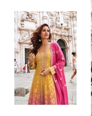 Yellow and pink georgette full stitched sharara suits free size upto 44 2
