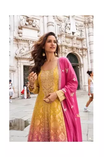 Yellow and pink georgette full stitched sharara suits free size upto 44