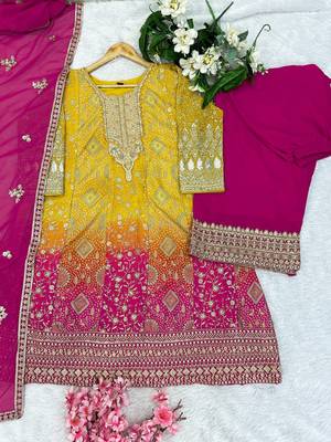 Yellow and pink georgette full stitched sharara suits free size upto 44 3