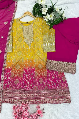 Yellow and pink georgette full stitched sharara suits free size upto 44