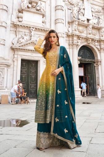 Yellow and blue georgette full stitched sharara suits free size upto 44