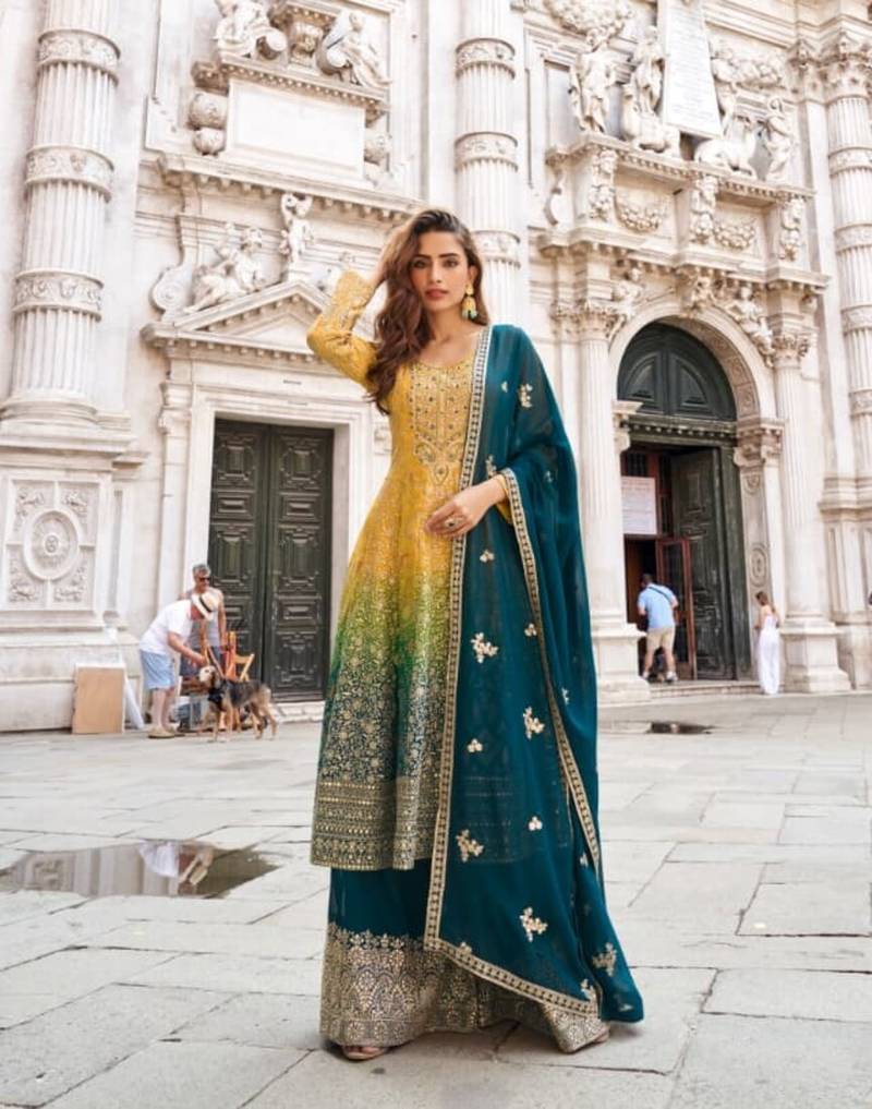 Yellow and blue georgette full stitched sharara suits free size upto 44