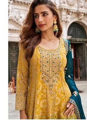 Yellow and blue georgette full stitched sharara suits free size upto 44 2