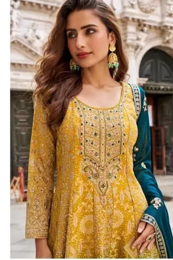 Yellow and blue georgette full stitched sharara suits free size upto 44