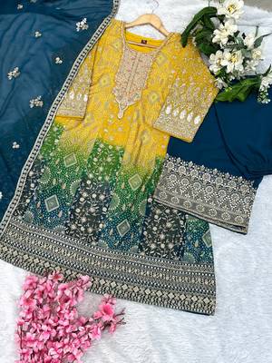 Yellow and blue georgette full stitched sharara suits free size upto 44 3