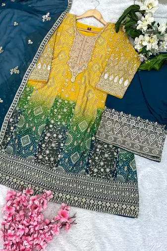 Yellow and blue georgette full stitched sharara suits free size upto 44