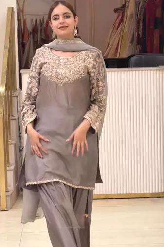 Grey Embroidery and sequin Silk Blend Salwar Suit