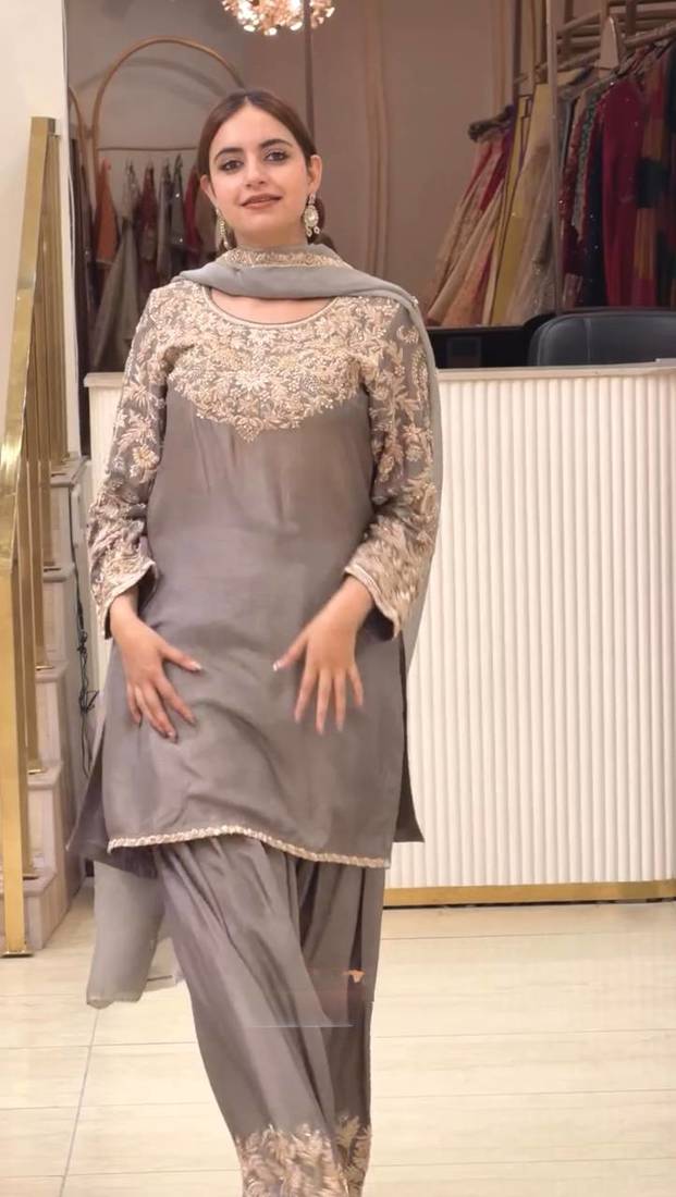 Grey Embroidery and sequin Silk Blend Salwar Suit