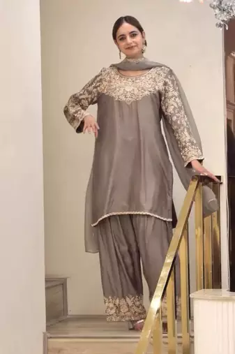 Grey Embroidery and sequin Silk Blend Salwar Suit