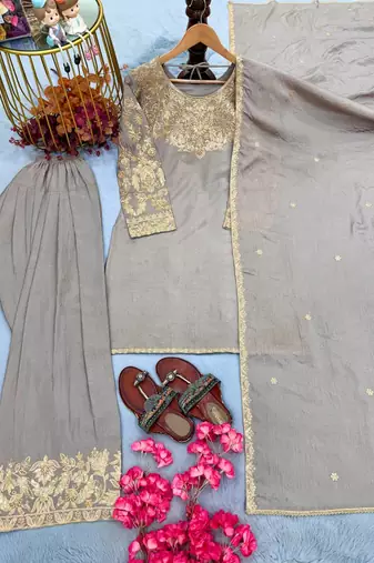 Grey Embroidery and sequin Silk Blend Salwar Suit