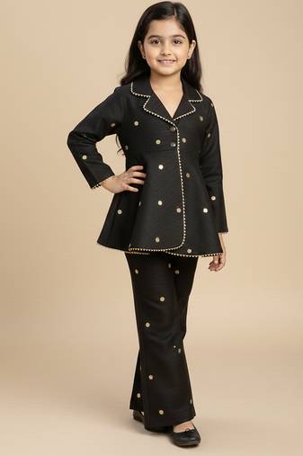 Black embroidered raw silk co ord set