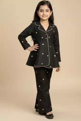 Black embroidered raw silk co ord set