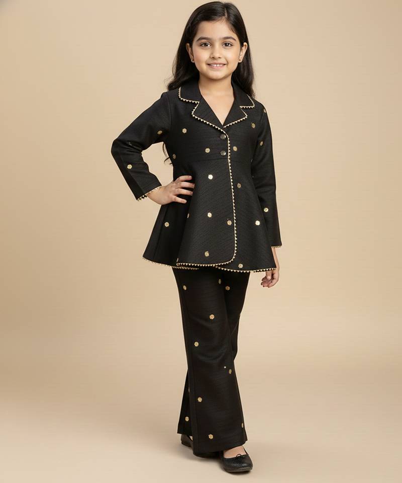 Black embroidered raw silk co ord set
