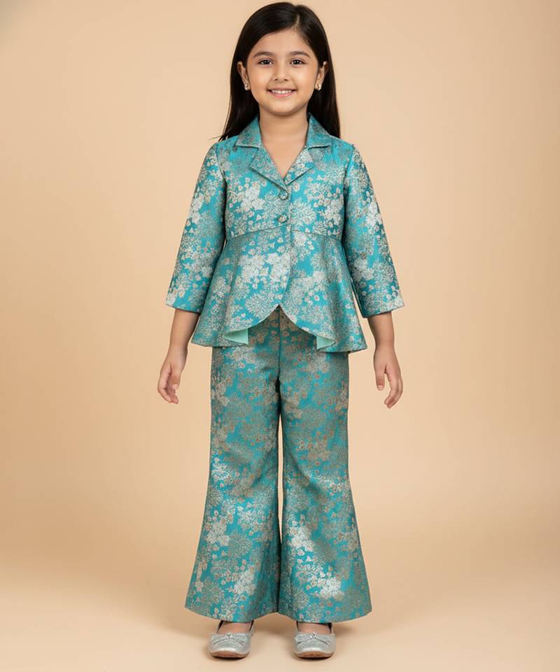 Blue embroidered brocade co ord set