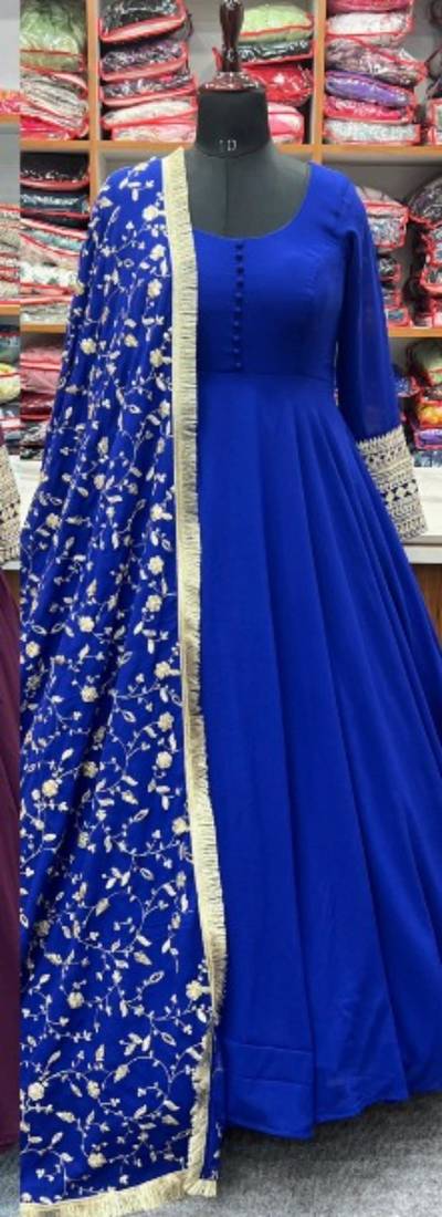 Blue Colour Georgette Fabric Fully Flair Stitched 3 Piece Long Stitched Gown