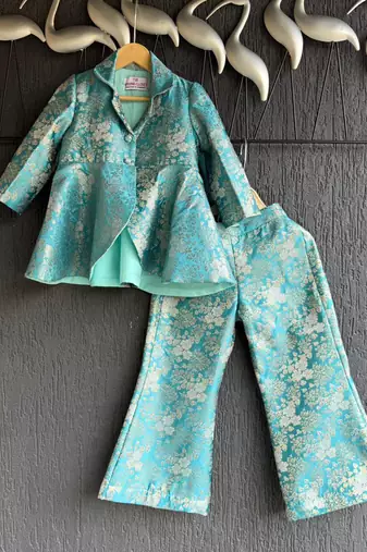 Blue embroidered brocade co ord set