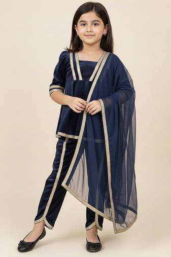 Navy Blue embroidered velvet kurti set