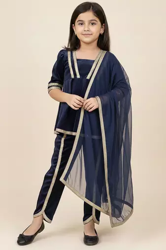 Navy Blue embroidered velvet kurti set