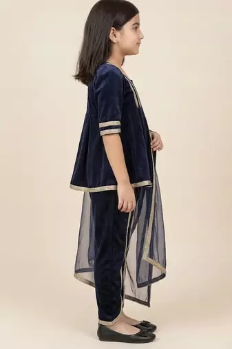 Navy Blue embroidered velvet kurti set