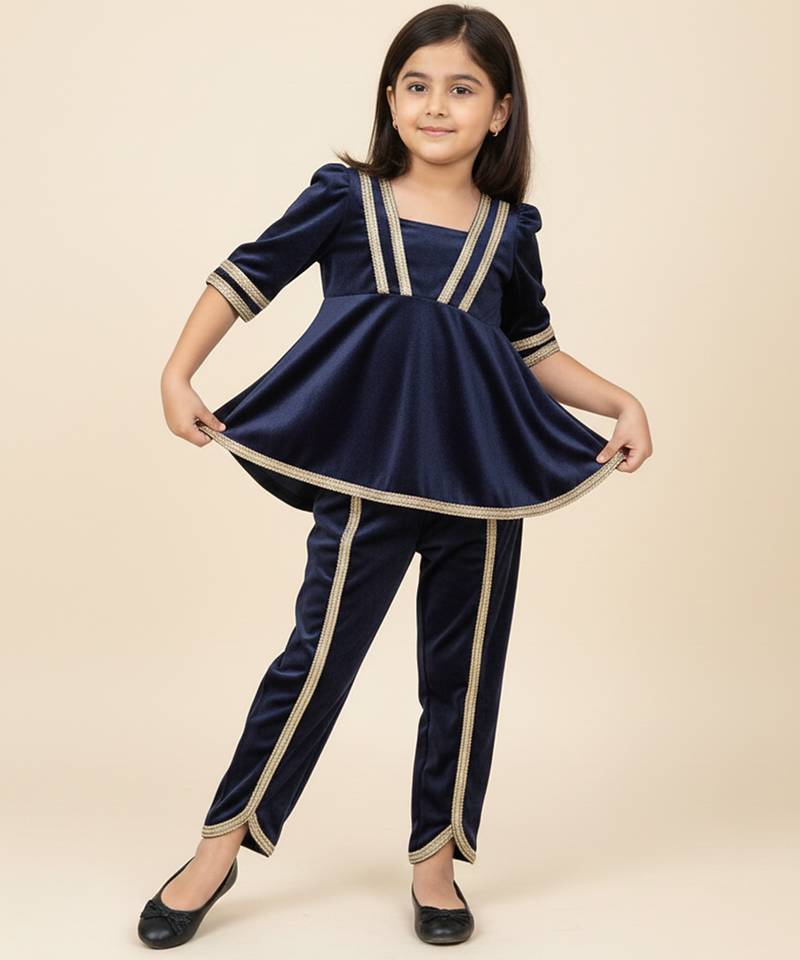 Navy Blue embroidered velvet co ord set