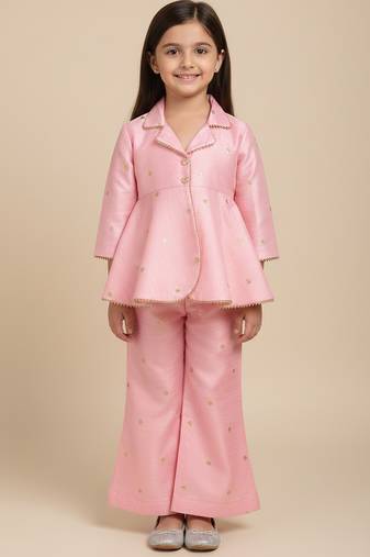 Pink embroidered raw silk co ord set