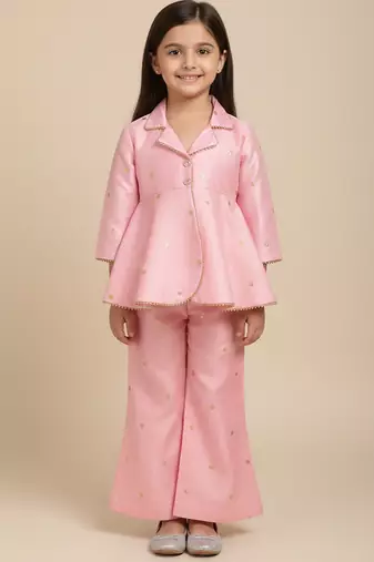 Pink embroidered raw silk co ord set