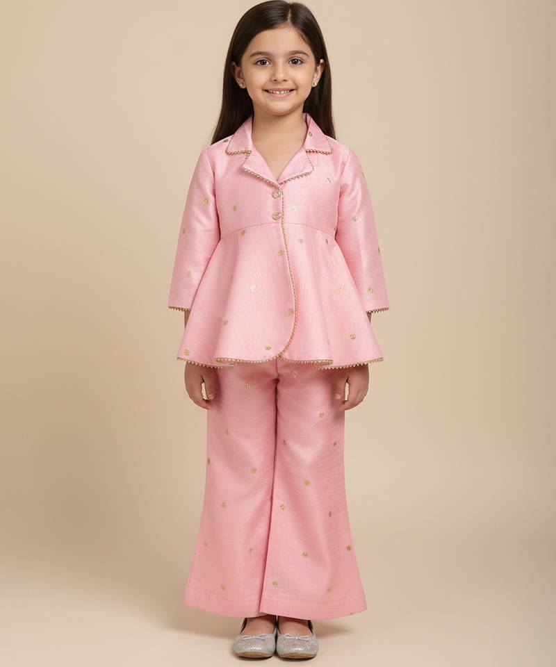 Pink embroidered raw silk co ord set