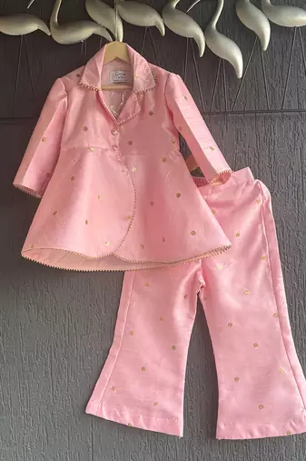 Pink embroidered raw silk co ord set