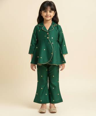 Bottle green embroidered raw silk co ord set 1