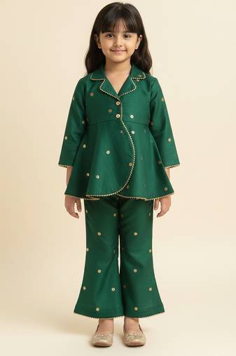 Bottle green embroidered raw silk co ord set