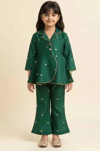 Bottle green embroidered raw silk co ord set