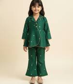 Bottle green embroidered raw silk co ord set