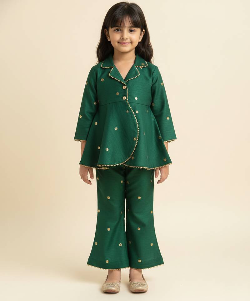 Bottle green embroidered raw silk co ord set