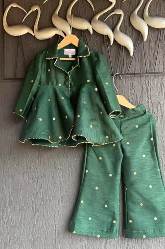 Bottle green embroidered raw silk co ord set