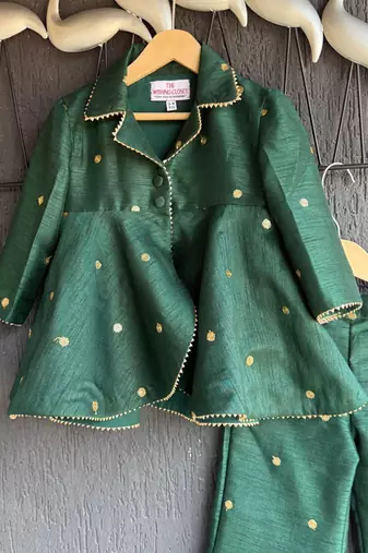 Bottle green embroidered raw silk co ord set