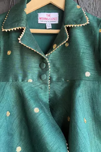Bottle green embroidered raw silk co ord set