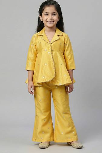 Yellow embroidered raw silk co ord set