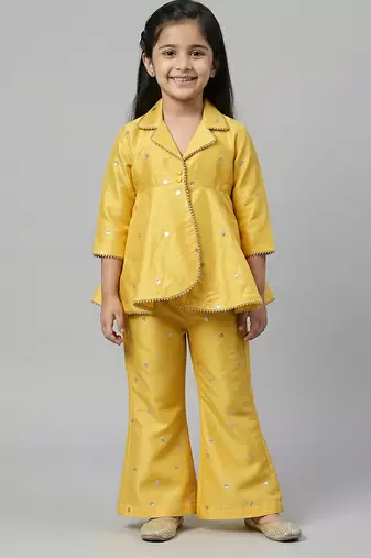 Yellow embroidered raw silk co ord set