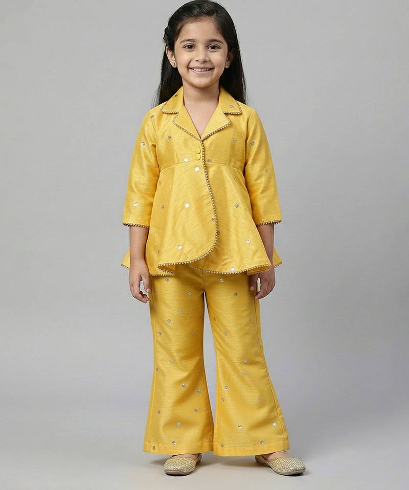 Yellow embroidered raw silk co ord set