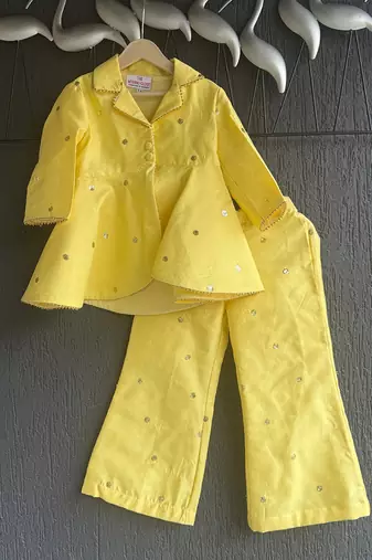 Yellow embroidered raw silk co ord set