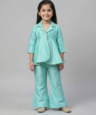 Powder blue embroidered raw silk co ord set 1