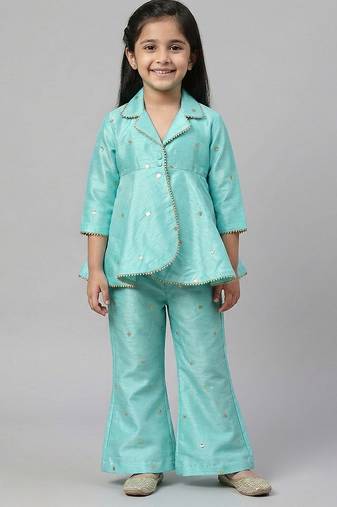 Powder blue embroidered raw silk co ord set