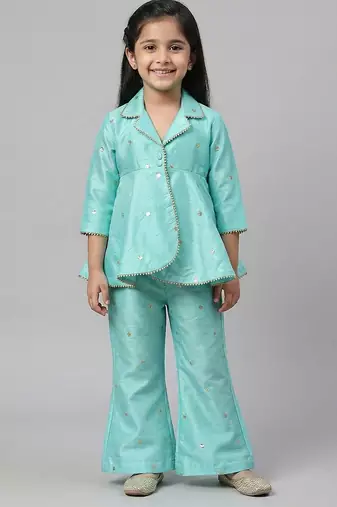 Powder blue embroidered raw silk co ord set