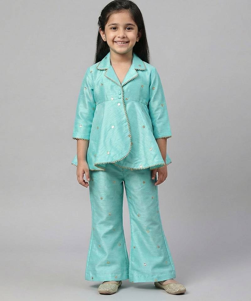 Powder blue embroidered raw silk co ord set