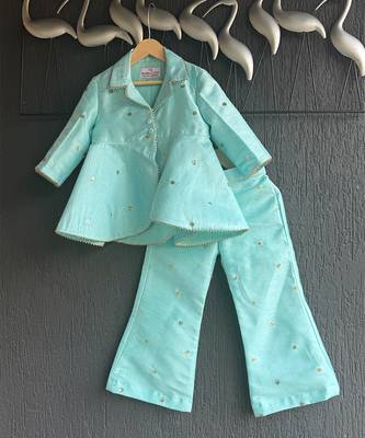 Powder blue embroidered raw silk co ord set 2