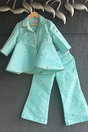 Powder blue embroidered raw silk co ord set