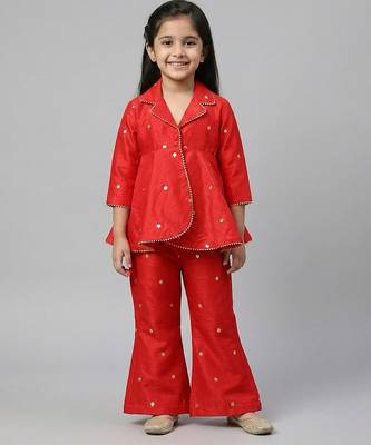 Red embroidered raw silk co ord set 1