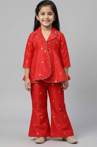 Red embroidered raw silk co ord set