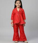 Red embroidered raw silk co ord set