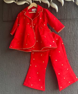 Red embroidered raw silk co ord set 2